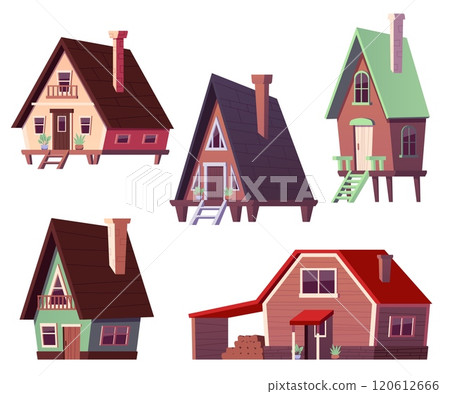 Vector illustration in cartoon style with a collection of wooden houses with a chimney, stairs 120612666