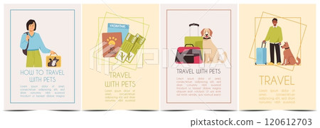 Illustration of a set of posters with images of people, luggage, tickets and passports, with pets. 120612703