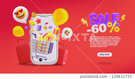 Online sale 3D plastic style landing page, vector mobile shopping service purchases on smartphone, cart with gift boxes Online sale 3D plastic style landing page, vector mobile shopping service purchases on smartphone, cart with gift boxes 120612735