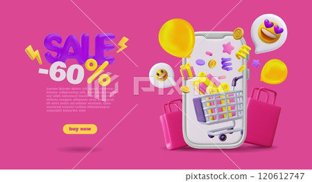 3D illustration of a banner with a smartphone with a shopping cart with gifts, coins, and emoji. 120612747