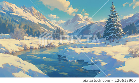 A river flowing through a snowy mountain in winter AI image 120612900