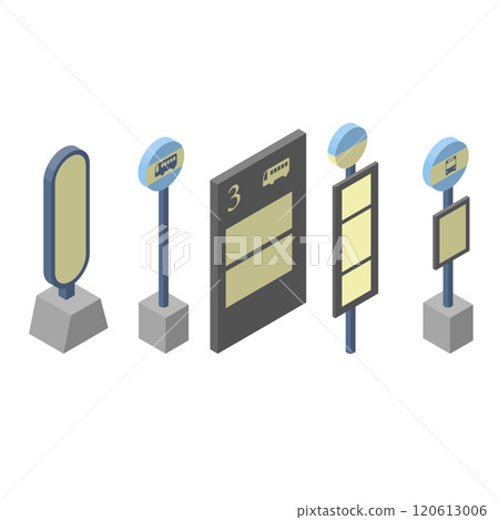 設置各種公車站招牌的插圖,等距構圖。右平面,無主線。 設置各種公車站招牌的插圖,等距構圖。右平面,無主線。 120613006