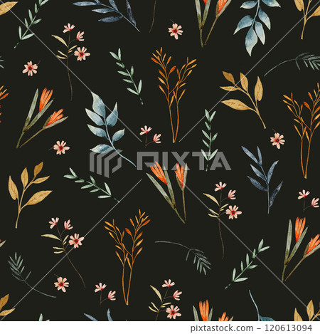 Seamless pattern with watercolor flowers and plants. Hand drawn illustration on dark background. Seamless pattern with watercolor flowers and plants. Hand drawn illustration on dark background. 120613094