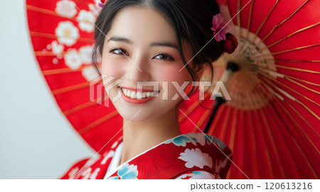 Smiling young Japanese woman in a kimono 120613216