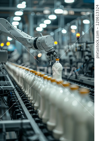 Selective focus of A robot arm in a dairy factory is picking up a stack of white glass bottles filled with fresh pasteurized milk. 120613324