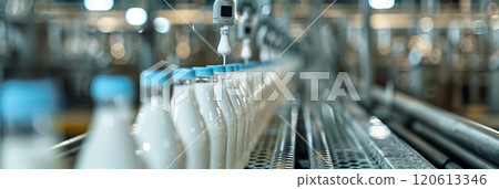 Selective focus of A robot arm in a dairy factory is picking up a stack of white glass bottles filled with fresh pasteurized milk. Selective focus of A robot arm in a dairy factory is picking up a stack of white glass bottles filled with fresh pasteurized milk. 120613346