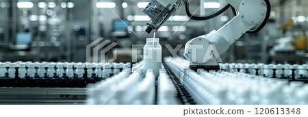 Selective focus of A robot arm in a dairy factory is picking up a stack of white glass bottles filled with fresh pasteurized milk. Selective focus of A robot arm in a dairy factory is picking up a stack of white glass bottles filled with fresh pasteurized milk. 120613348
