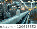 Selective focus of A robot arm in a dairy factory is picking up a stack of white glass bottles filled with fresh pasteurized milk. 120613352