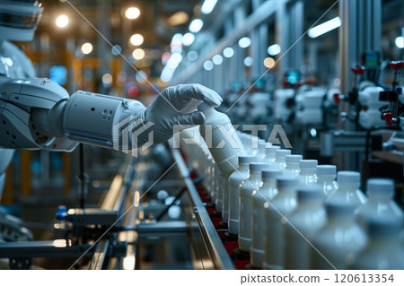 Selective focus of A robot arm in a dairy factory is picking up a stack of white glass bottles filled with fresh pasteurized milk. Selective focus of A robot arm in a dairy factory is picking up a stack of white glass bottles filled with fresh pasteurized milk. 120613354