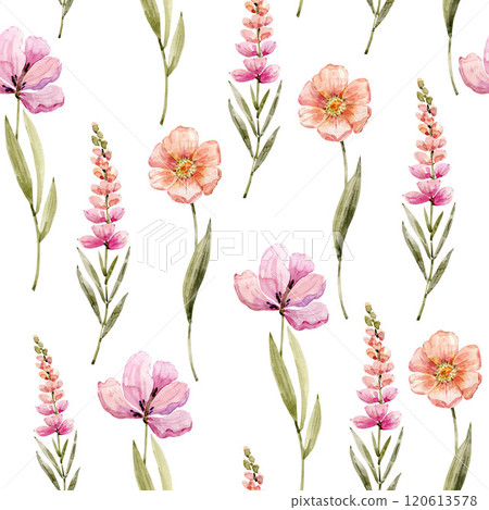 Seamless pattern with watercolor pink spring flowers. Hand drawn illustration on white background. Seamless pattern with watercolor pink spring flowers. Hand drawn illustration on white background. 120613578