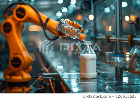 Selective focus of A robot arm in a dairy factory is picking up a stack of white glass bottles filled with fresh pasteurized milk. 120613623
