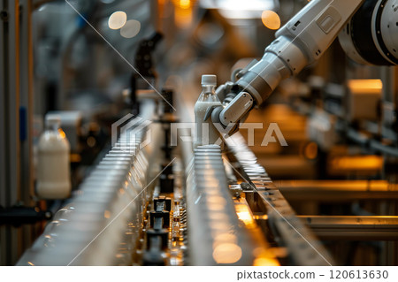Selective focus of A robot arm in a dairy factory is picking up a stack of white glass bottles filled with fresh pasteurized milk. 120613630