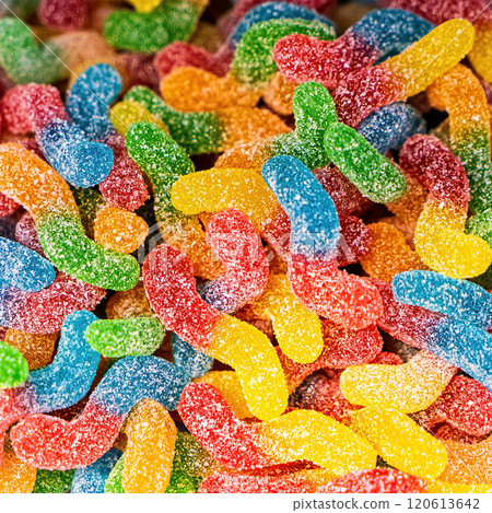 Assorted colorful gummy jelly candies. Top view. Jelly sweets. 120613642