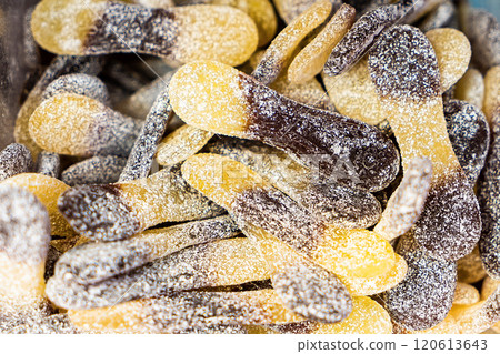 Assorted colorful gummy jelly candies. Top view. Jelly sweets. Assorted colorful gummy jelly candies. Top view. Jelly sweets. 120613643
