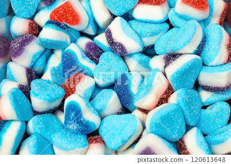 Assorted colorful gummy jelly candies. Top view. Jelly sweets. Assorted colorful gummy jelly candies. Top view. Jelly sweets. 120613648