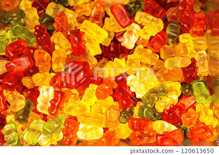 Assorted colorful gummy jelly candies. Top view. Jelly sweets. Assorted colorful gummy jelly candies. Top view. Jelly sweets. 120613650