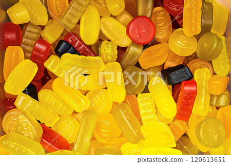 Assorted colorful gummy jelly candies. Top view. Jelly sweets. 120613651