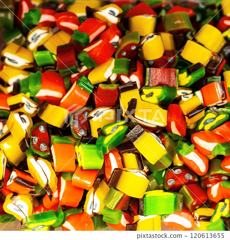 Assorted colorful gummy jelly candies. Top view. Jelly sweets. Assorted colorful gummy jelly candies. Top view. Jelly sweets. 120613655
