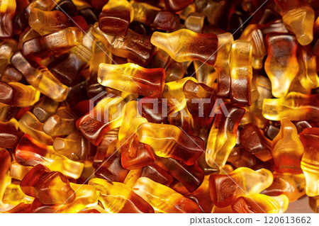 Assorted colorful gummy jelly candies. Top view. Jelly sweets. Assorted colorful gummy jelly candies. Top view. Jelly sweets. 120613662