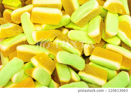 Assorted colorful gummy jelly candies. Top view. Jelly sweets. Assorted colorful gummy jelly candies. Top view. Jelly sweets. 120613663