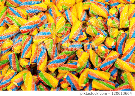 Assorted colorful gummy jelly candies. Top view. Jelly sweets. Assorted colorful gummy jelly candies. Top view. Jelly sweets. 120613664