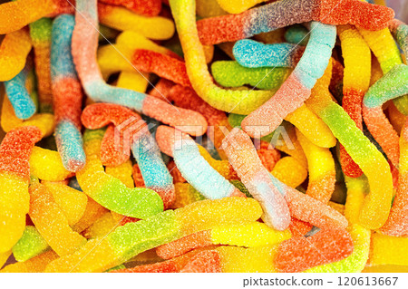 Assorted colorful gummy jelly candies. Top view. Jelly sweets. 120613667