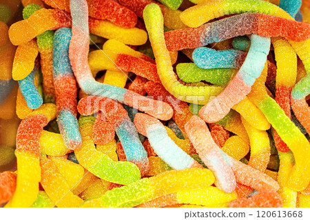 Assorted colorful gummy jelly candies. Top view. Jelly sweets. Assorted colorful gummy jelly candies. Top view. Jelly sweets. 120613668