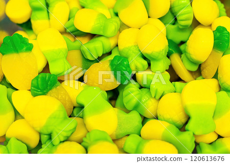 Assorted colorful gummy jelly candies. Top view. Jelly sweets. Assorted colorful gummy jelly candies. Top view. Jelly sweets. 120613676