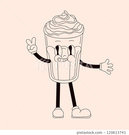 Smiling drink character with whipped topping showing a peace sign in line art style. Retro and groovy design for creative, fun and playful concept. Smiling drink character with whipped topping showing a peace sign in line art style. Retro and groovy design for creative, fun and playful concept. 120613741