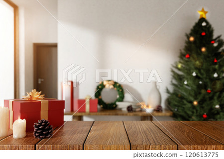 Holiday Decor with Gifts and Lit Christmas Tree 3D Render. 120613775
