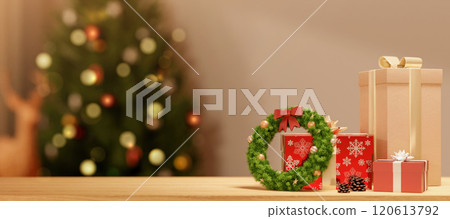 Festive Gifts and Wreath with Christmas Tree 3D Render Festive Gifts and Wreath with Christmas Tree 3D Render 120613792