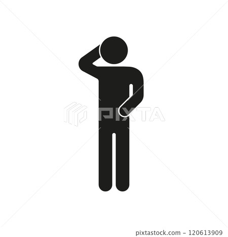 Human Figure in Thinking Pose Silhouette Icon. Contemplative Gesture Glyph Symbol. Thoughtful Stick Figure with Hand on Head. Isolated Vector Illustration Human Figure in Thinking Pose Silhouette Icon. Contemplative Gesture Glyph Symbol. Thoughtful Stick Figure with Hand on Head. Isolated Vector Illustration 120613909