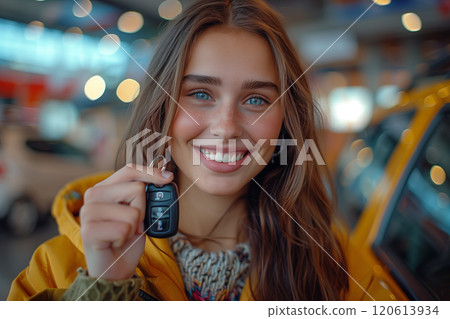 Caucasian woman showing car keys in hand sitting inside car in showroom. Caucasian woman showing car keys in hand sitting inside car in showroom. 120613934