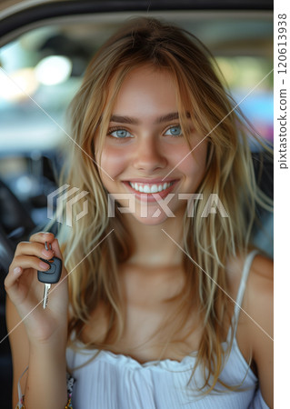 Caucasian woman showing car keys in hand sitting inside car in showroom. Caucasian woman showing car keys in hand sitting inside car in showroom. 120613938
