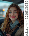 Caucasian woman showing car keys in hand sitting inside car in showroom. 120613939