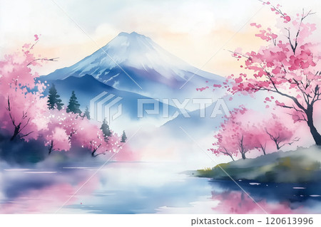 Watercolor painting of Mount Fuji and cherry blossoms. Symbolic landscape of spring in Japan 120613996