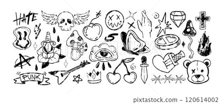 Hand drawn doodle crayon punk rock music icons or black chalk pencil y2k tattoo stickers Hand drawn doodle crayon punk rock music icons or black chalk pencil y2k tattoo stickers 120614002