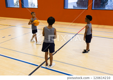 Playing basketball in school gym, three multiracial boys practicing together on court 120614210