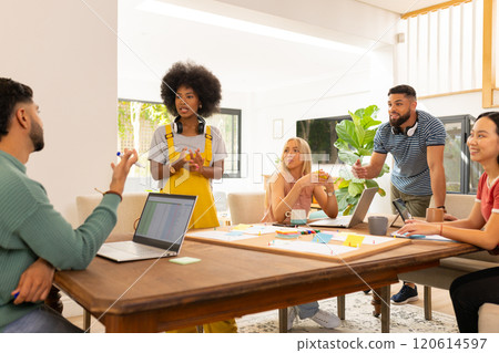 Start up business, Collaborating in meeting, young friends discussing ideas with laptops and notes Start up business, Collaborating in meeting, young friends discussing ideas with laptops and notes 120614597