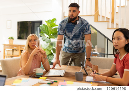 Start up business, Collaborating on project, young friends using laptops and tablets at home office Start up business, Collaborating on project, young friends using laptops and tablets at home office 120614598