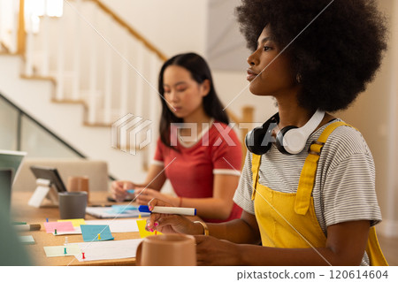 Start up business, Studying together, two young women working on school project at table Start up business, Studying together, two young women working on school project at table 120614604