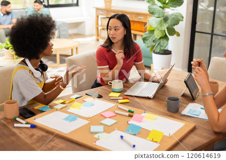 Collaborating on project, young friends using laptop and sticky notes at table, start up business Collaborating on project, young friends using laptop and sticky notes at table, start up business 120614619