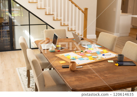 Brainstorming ideas, laptops and sticky notes on table in modern home office 120614635