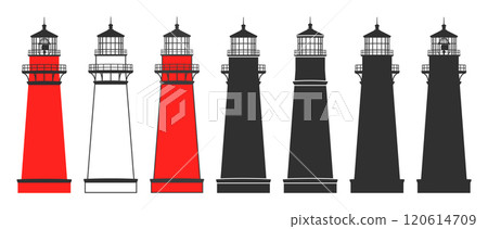 Lighthouse icon symbol shape set. Light house logo sign collection. Navigation Shore light beacon. Vector silhouette illustration. Isolated on white background. 120614709