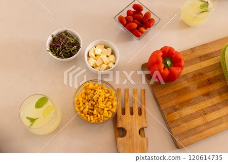 Preparing fresh salad with vegetables and tofu, ingredients on kitchen counter Preparing fresh salad with vegetables and tofu, ingredients on kitchen counter 120614735
