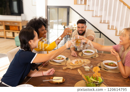 Friends toasting with drinks over dinner, enjoying meal together at home 120614795
