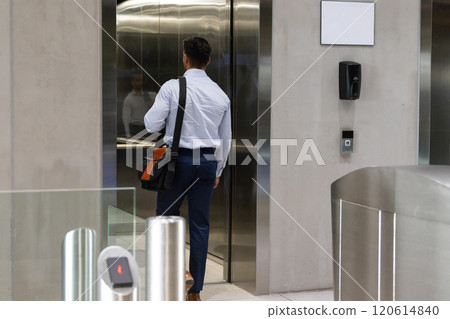 Entering elevator, businessman with shoulder bag heading to office in modern building Entering elevator, businessman with shoulder bag heading to office in modern building 120614840
