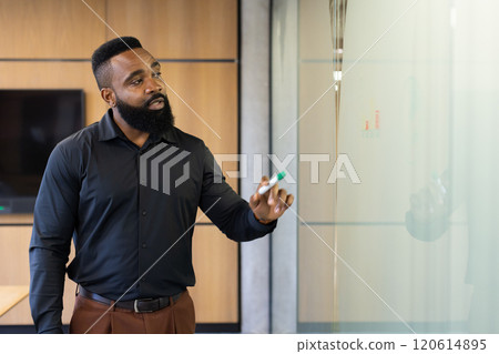 Presenting business strategy, man writing on glass board during meeting, copy space 120614895