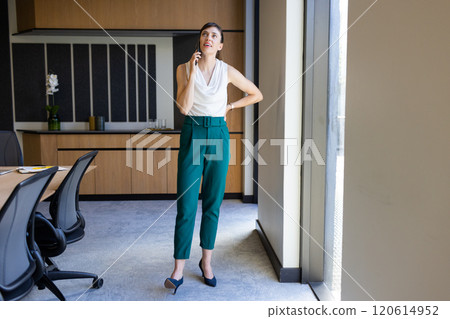 Talking on smartphone, businesswoman standing in modern office near window 120614952