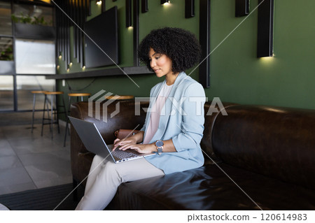 Working on laptop, businesswoman sitting on couch in modern office space Working on laptop, businesswoman sitting on couch in modern office space 120614983